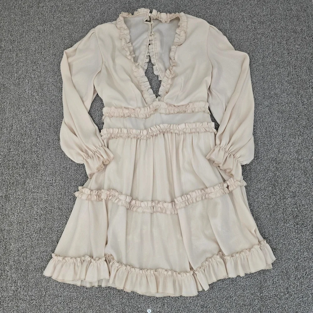 Cream Ruffle Tiered Mini Dress Open Back Coquette Romantic Boho Size M - Picture 1 of 8